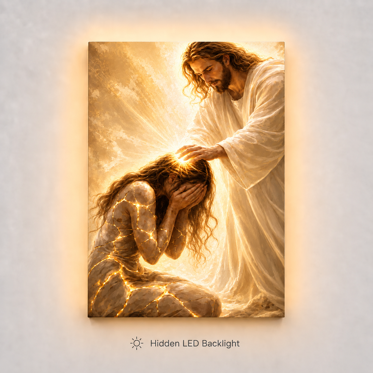 LED Jesus Healing Touch Canvas/Mica – Christian Wall Art with Hidden Backlight