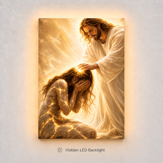 LED Jesus Healing Touch Canvas/Mica – Christian Wall Art with Hidden Backlight
