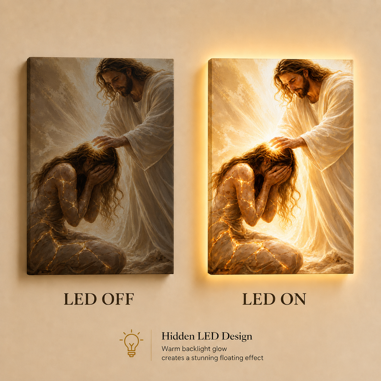 LED Jesus Healing Touch Canvas/Mica – Christian Wall Art with Hidden Backlight