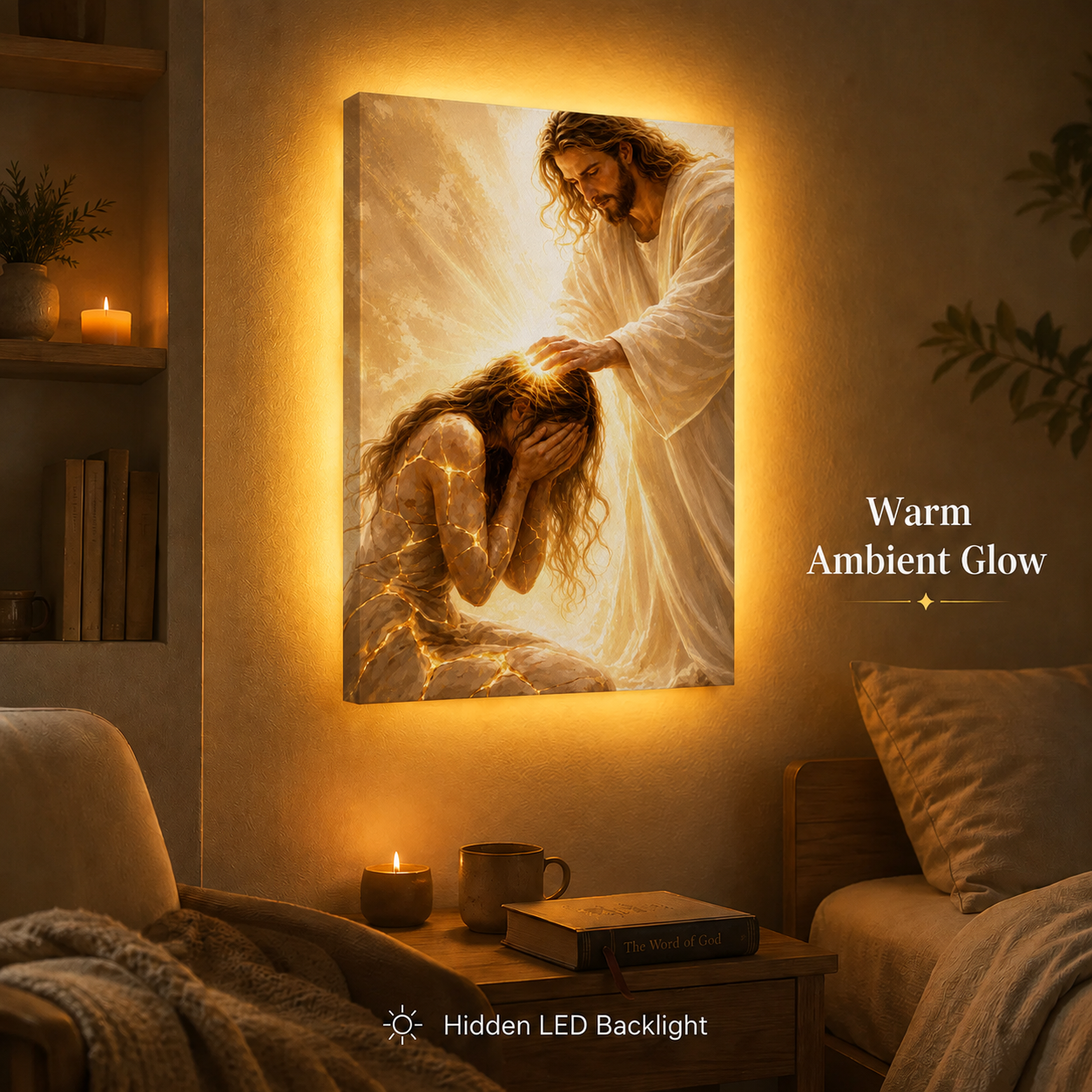 LED Jesus Healing Touch Canvas/Mica – Christian Wall Art with Hidden Backlight