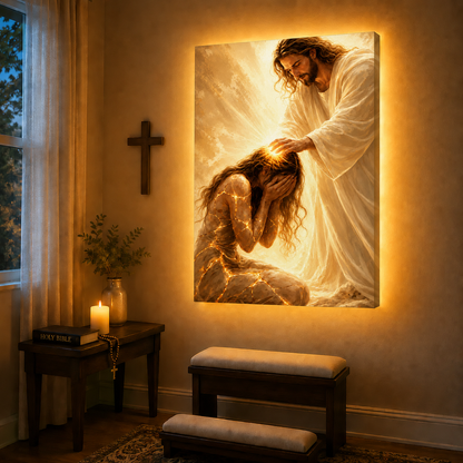 LED Jesus Healing Touch Canvas/Mica – Christian Wall Art with Hidden Backlight