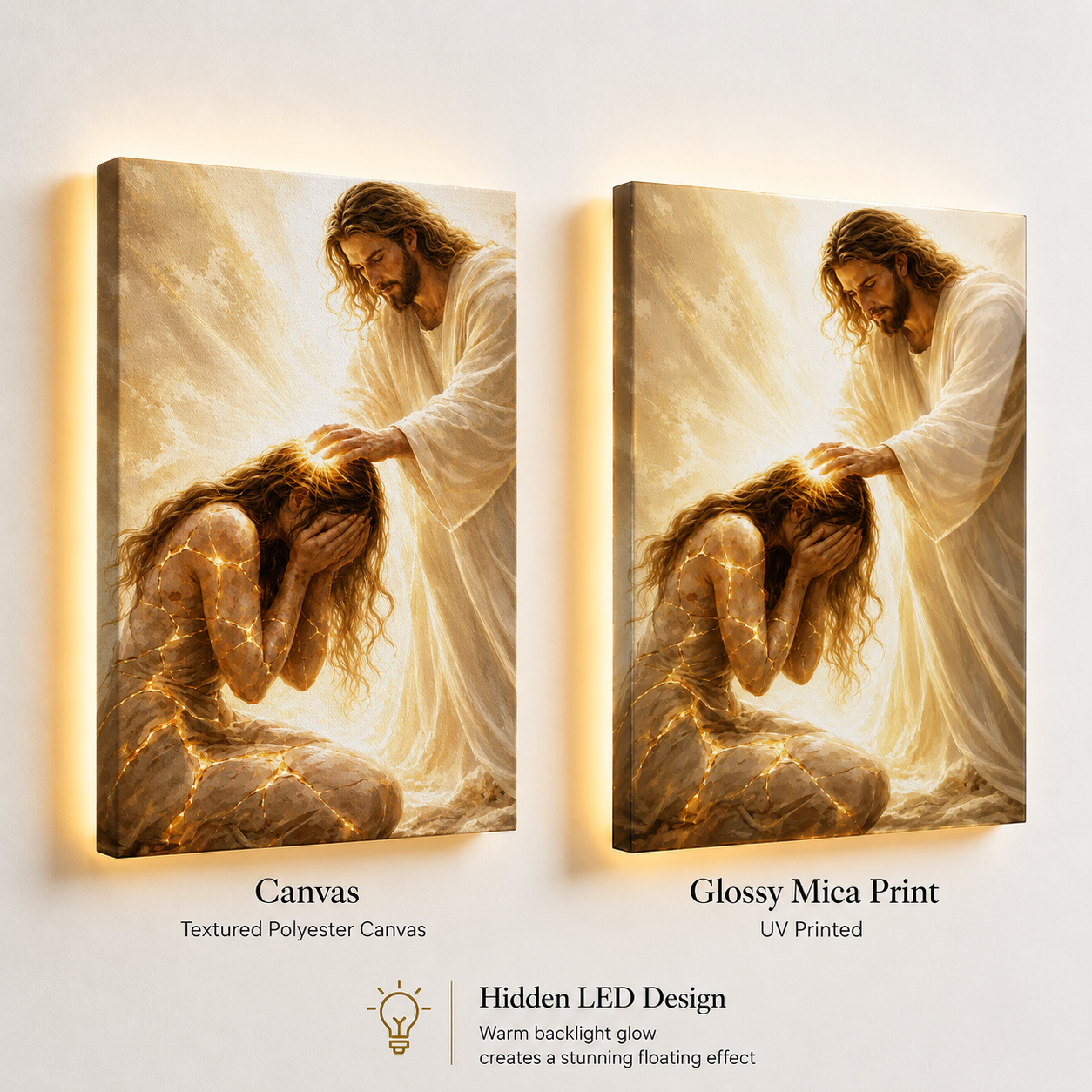 LED Jesus Healing Touch Canvas/Mica – Christian Wall Art with Hidden Backlight