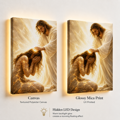 LED Jesus Healing Touch Canvas/Mica – Christian Wall Art with Hidden Backlight