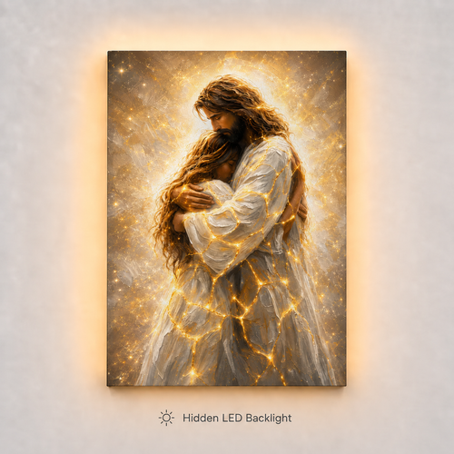 LED Jesus Embrace of Healing Canvas/Mica – Christian Wall Art with Hidden Backlight