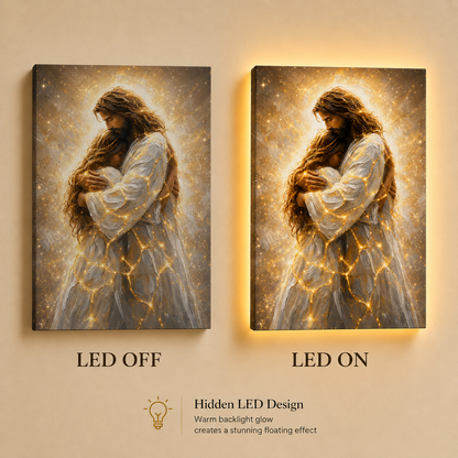LED Jesus Embrace of Healing Canvas/Mica – Christian Wall Art with Hidden Backlight