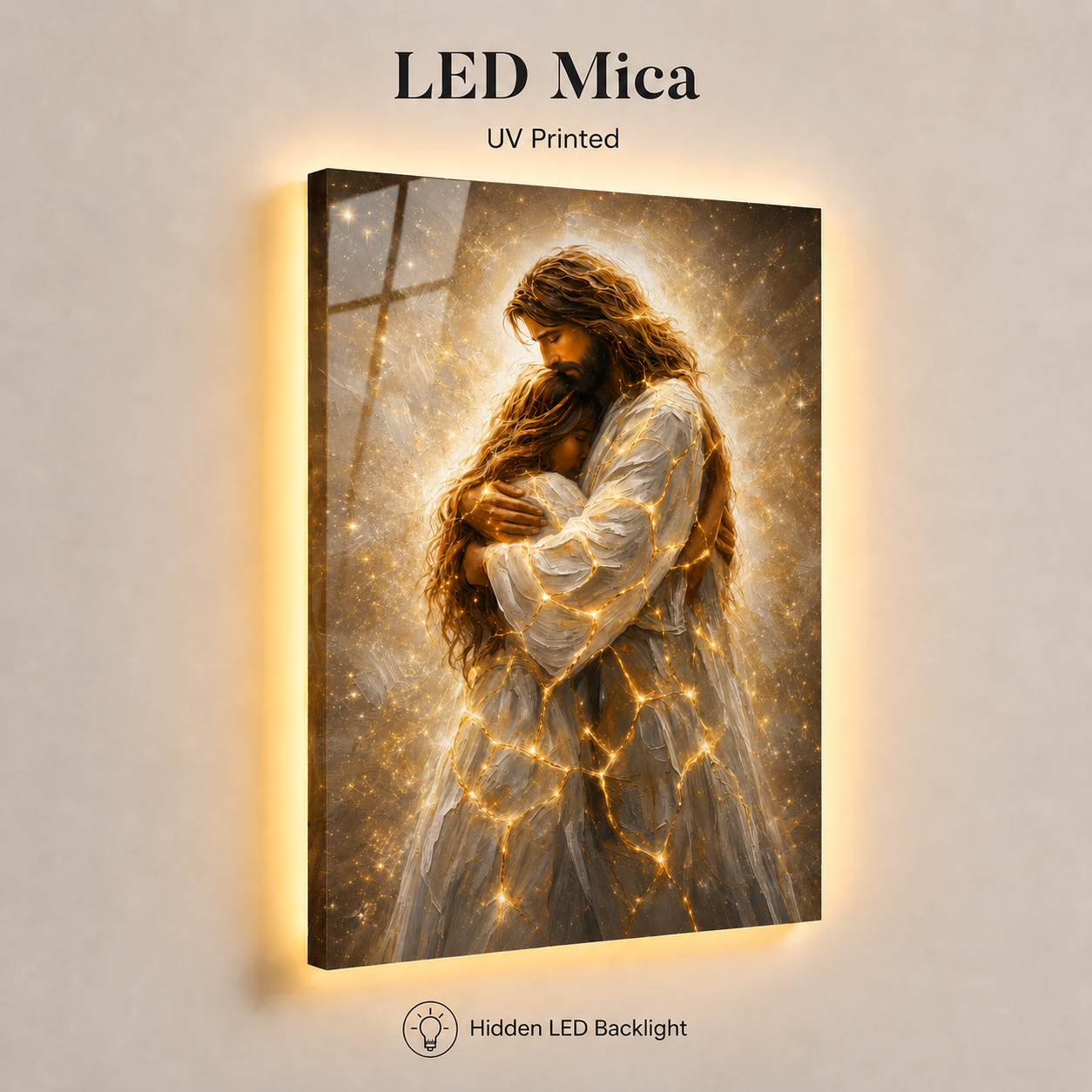 LED Jesus Embrace of Healing Canvas/Mica – Christian Wall Art with Hidden Backlight