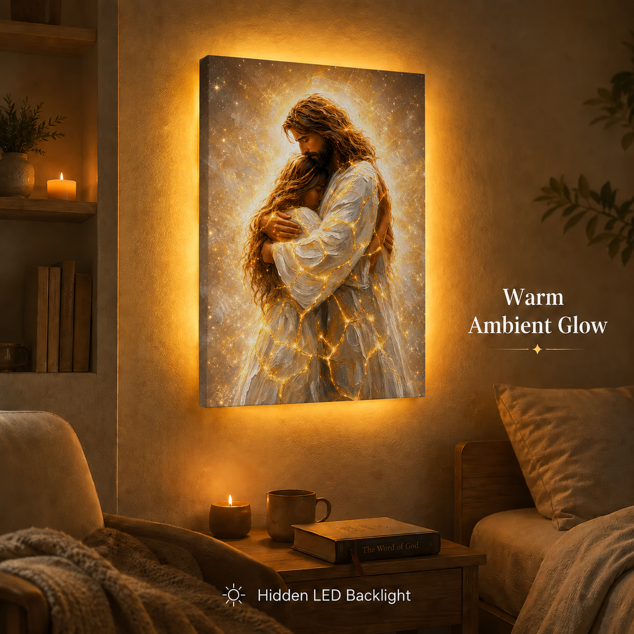 LED Jesus Embrace of Healing Canvas/Mica – Christian Wall Art with Hidden Backlight