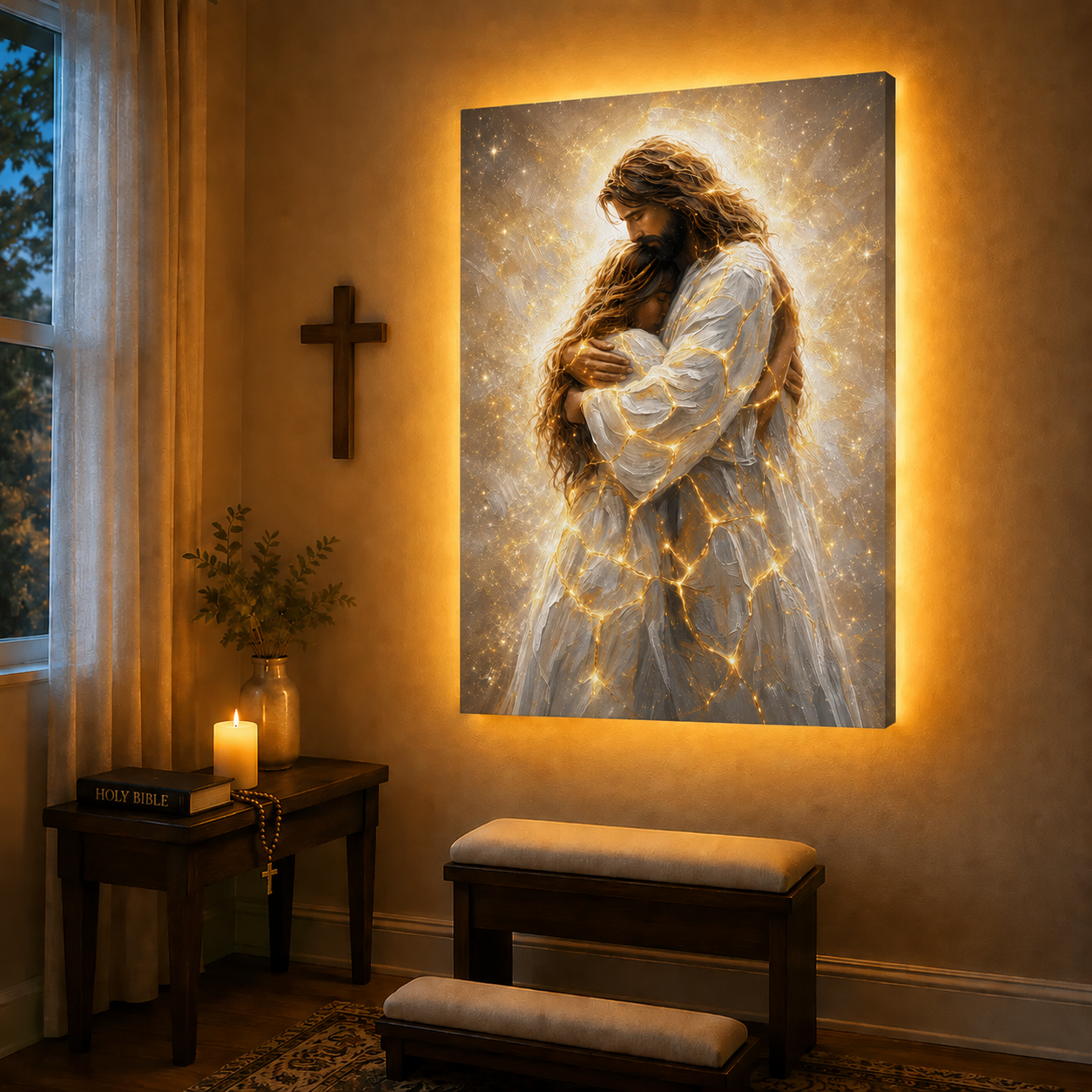 LED Jesus Embrace of Healing Canvas/Mica – Christian Wall Art with Hidden Backlight