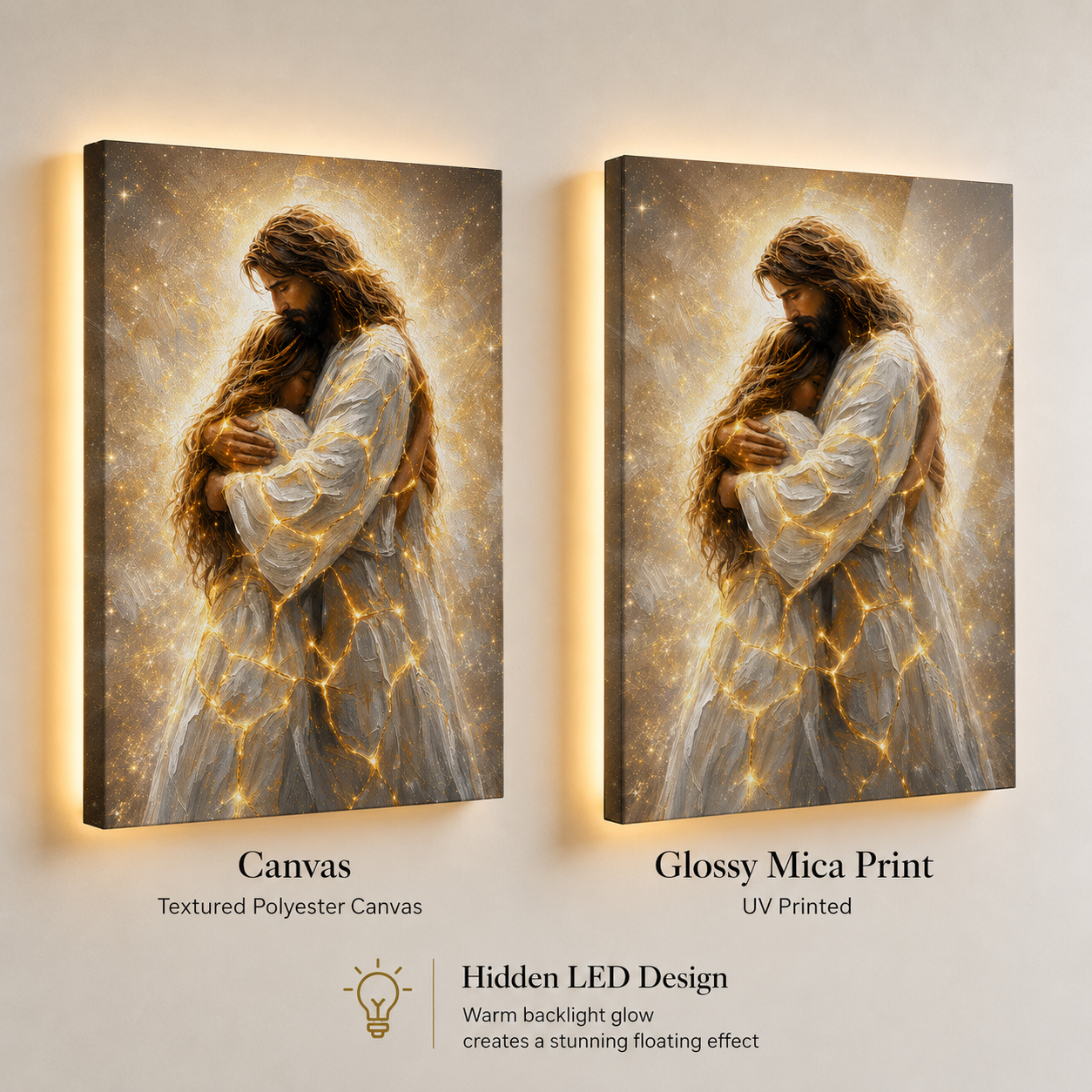 LED Jesus Embrace of Healing Canvas/Mica – Christian Wall Art with Hidden Backlight