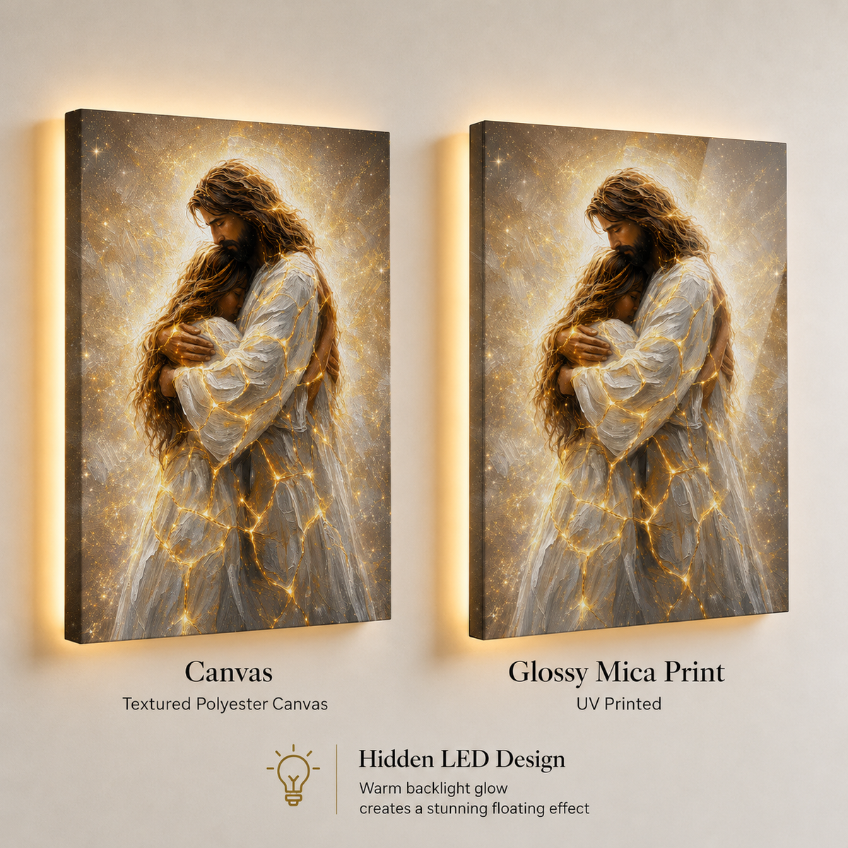 LED Jesus Embrace of Healing Canvas/Mica – Christian Wall Art with Hidden Backlight