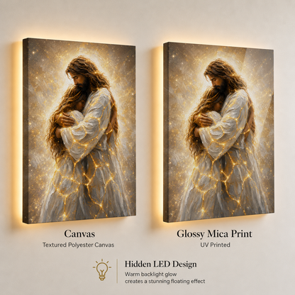 LED Jesus Embrace of Healing Canvas/Mica – Christian Wall Art with Hidden Backlight
