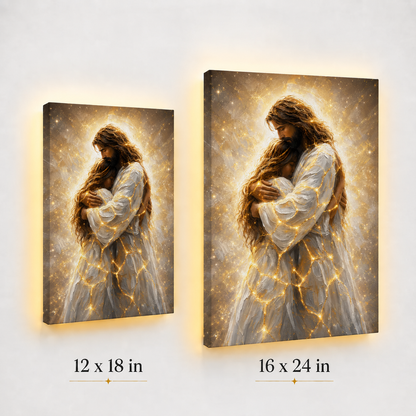 LED Jesus Embrace of Healing Canvas/Mica – Christian Wall Art with Hidden Backlight