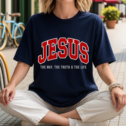 "Jesus The Way The Truth The Life" Unisex Varsity Style Christian T-Shirt | John 14:6 Bold Declaration Tee | Faith Guided Life Apparel