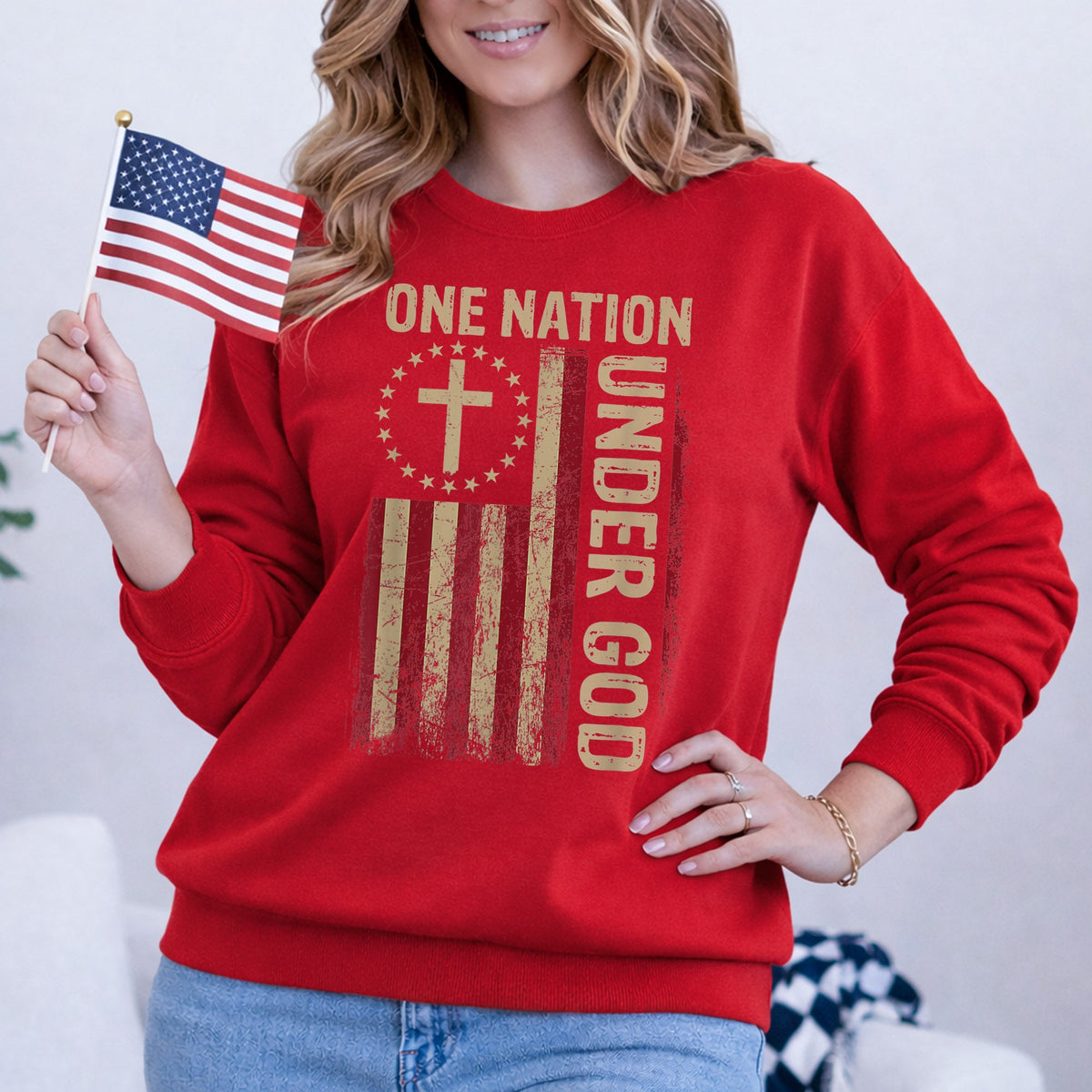 One Nation Under God Flag Cross – Faith & Freedom – Unisex Tshirt Gildan / Tshirt Comfort / V-neck/ Hoodie / Sweatshirt