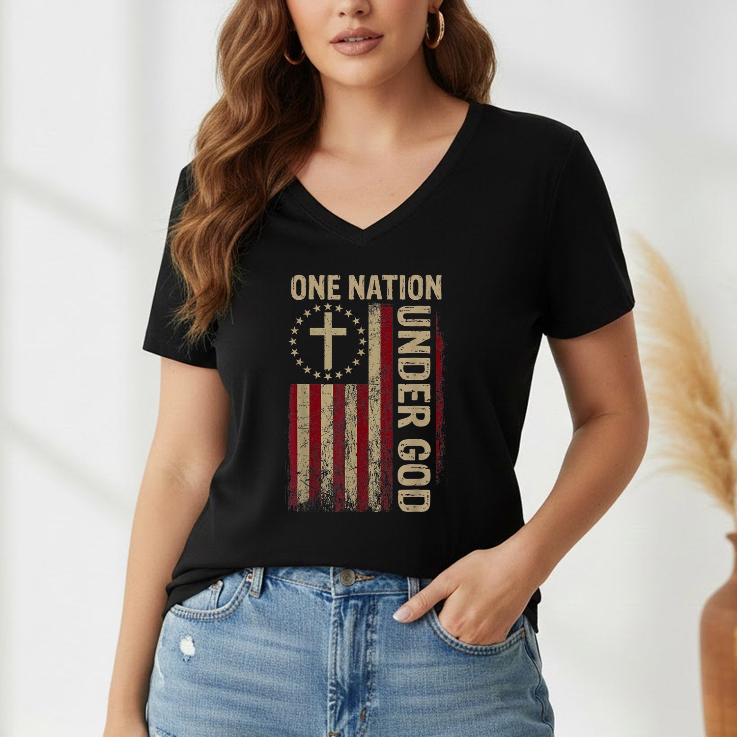 One Nation Under God Flag Cross – Faith & Freedom – Unisex Tshirt Gildan / Tshirt Comfort / V-neck/ Hoodie / Sweatshirt
