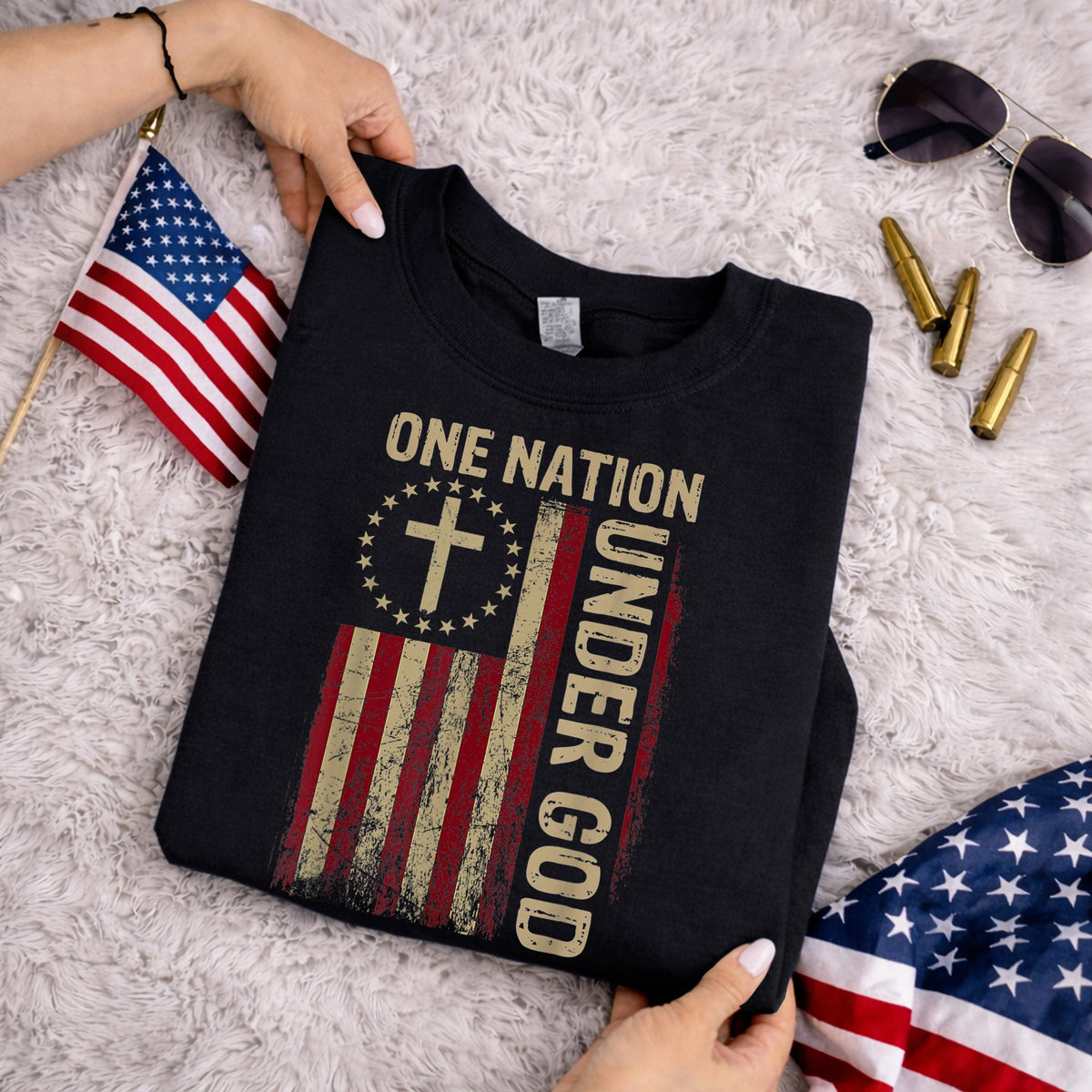 One Nation Under God Flag Cross – Faith & Freedom – Unisex Tshirt Gildan / Tshirt Comfort / V-neck/ Hoodie / Sweatshirt