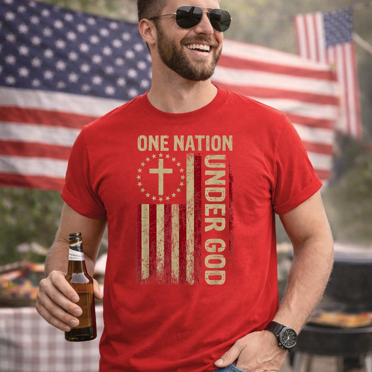 One Nation Under God Flag Cross – Faith & Freedom – Unisex Tshirt Gildan / Tshirt Comfort / V-neck/ Hoodie / Sweatshirt