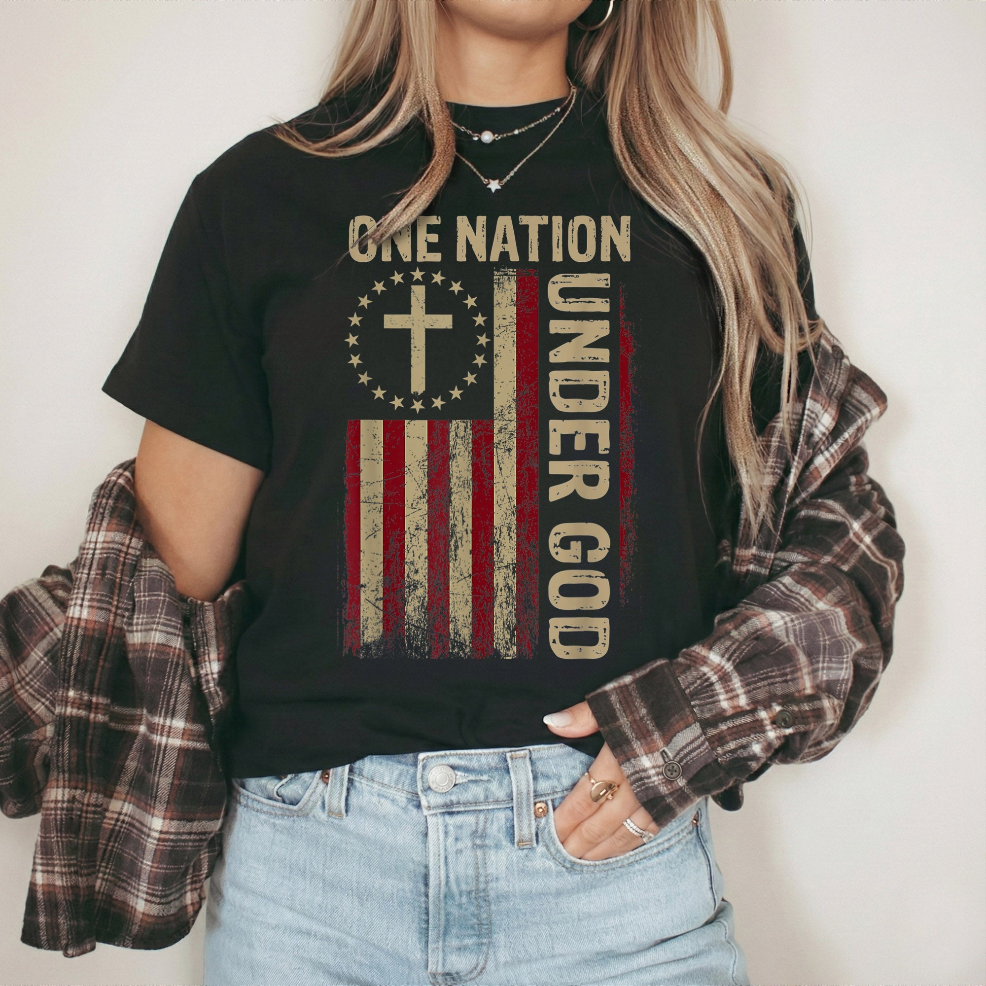 One Nation Under God Flag Cross – Faith & Freedom – Unisex Tshirt Gildan / Tshirt Comfort / V-neck/ Hoodie / Sweatshirt