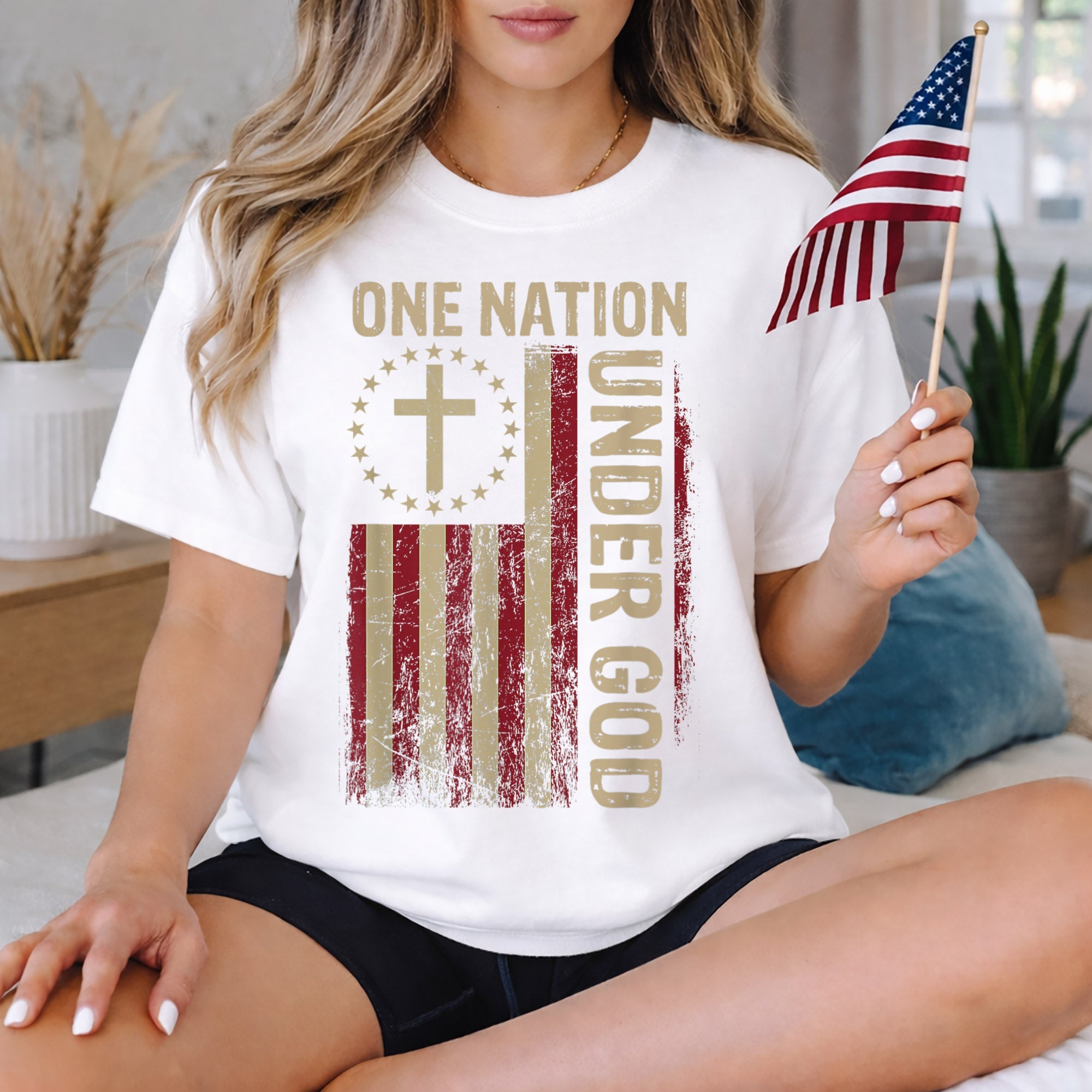 One Nation Under God Flag Cross – Faith & Freedom – Unisex Tshirt Gildan / Tshirt Comfort / V-neck/ Hoodie / Sweatshirt