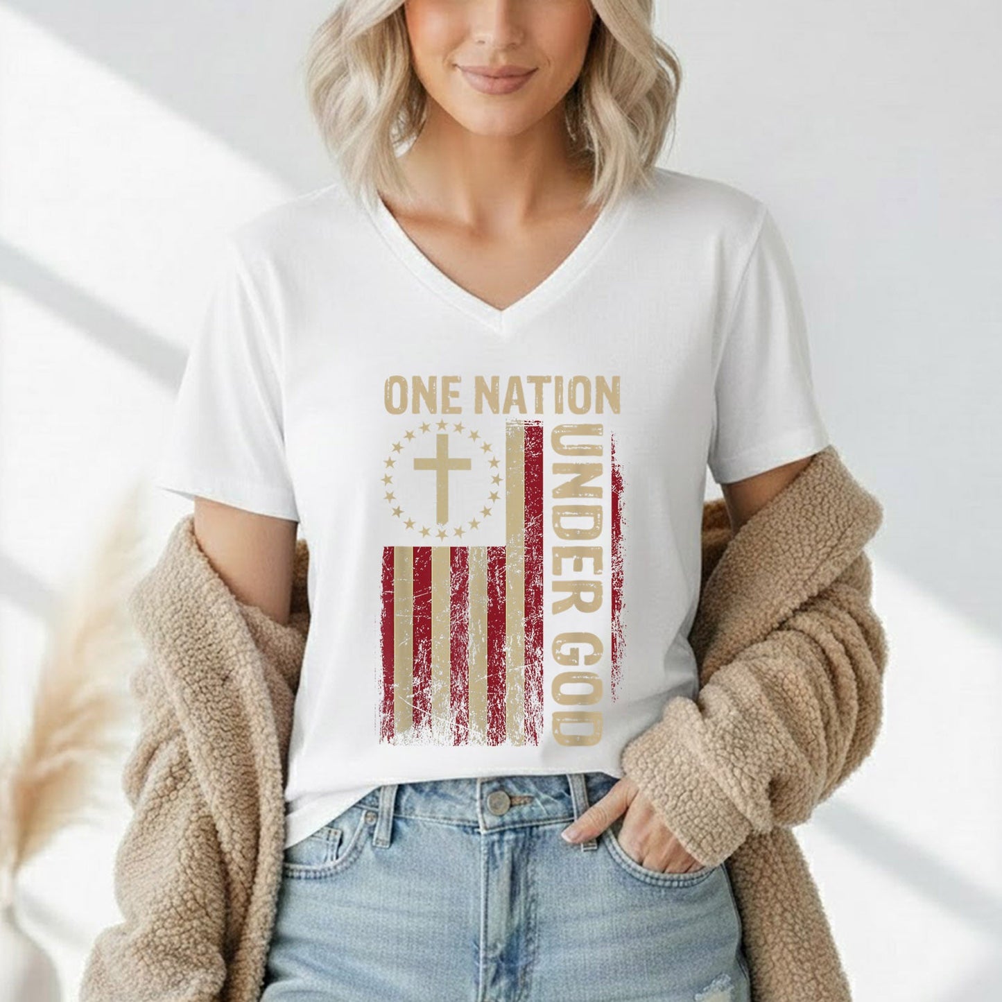 One Nation Under God Flag Cross – Faith & Freedom – Unisex Tshirt Gildan / Tshirt Comfort / V-neck/ Hoodie / Sweatshirt