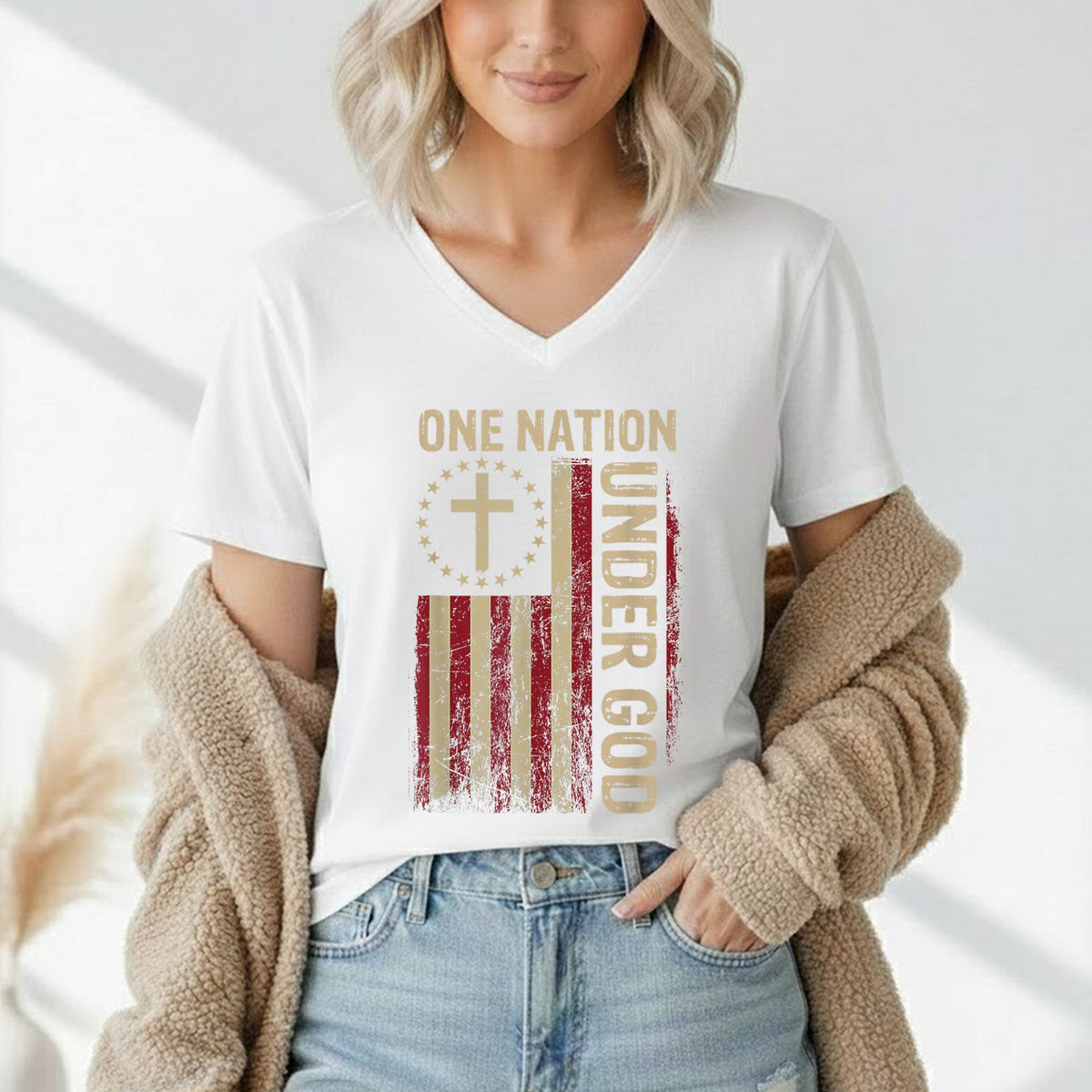 One Nation Under God Flag Cross – Faith & Freedom – Unisex Tshirt Gildan / Tshirt Comfort / V-neck/ Hoodie / Sweatshirt
