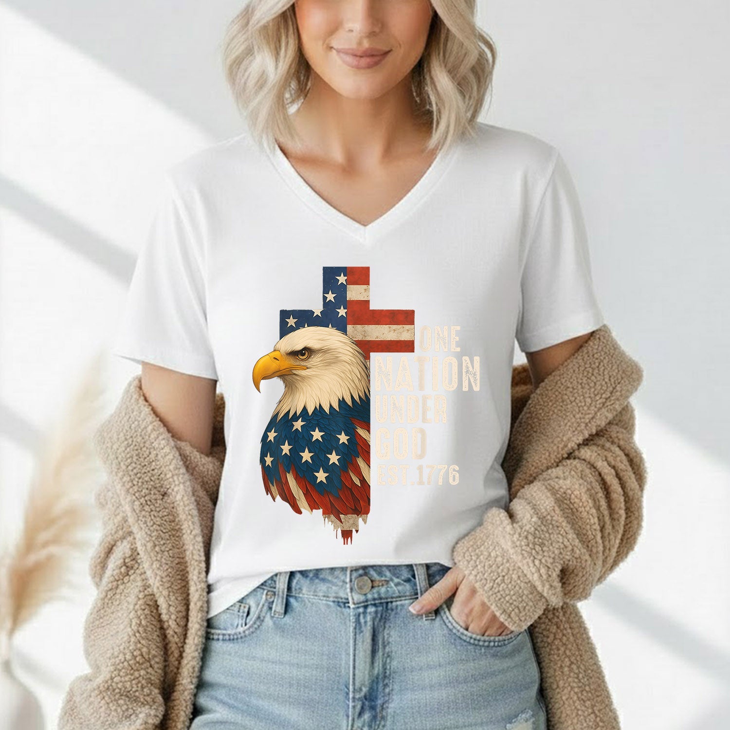 One Nation Under God Est 1776 – Faith & Freedom – Unisex Tshirt Gildan / Tshirt Comfort / V-neck/ Hoodie / Sweatshirt