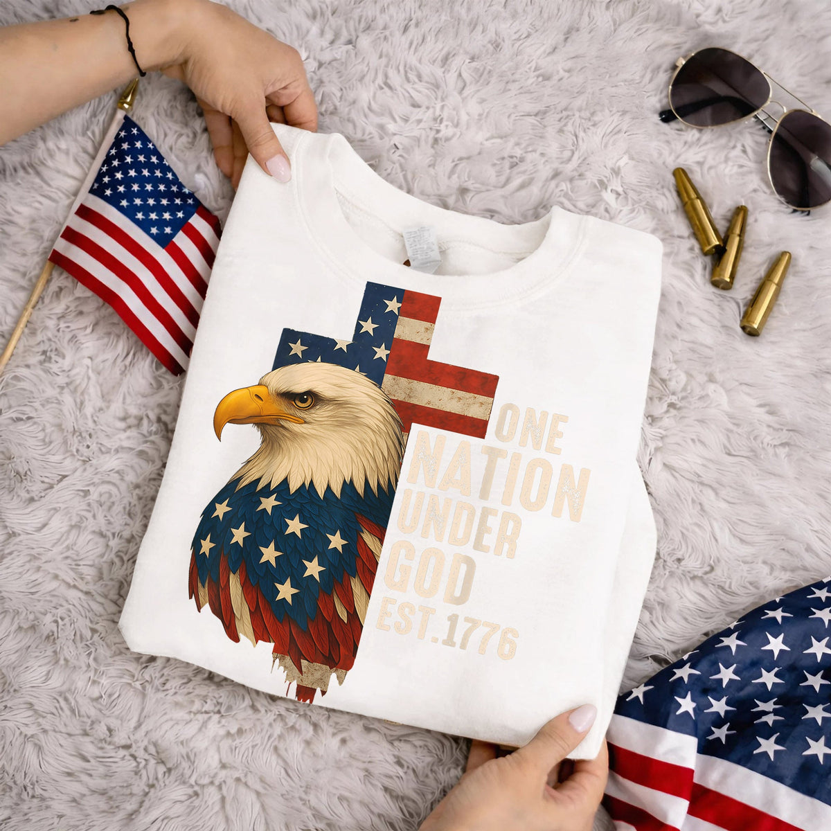 One Nation Under God Est 1776 – Faith & Freedom – Unisex Tshirt Gildan / Tshirt Comfort / V-neck/ Hoodie / Sweatshirt
