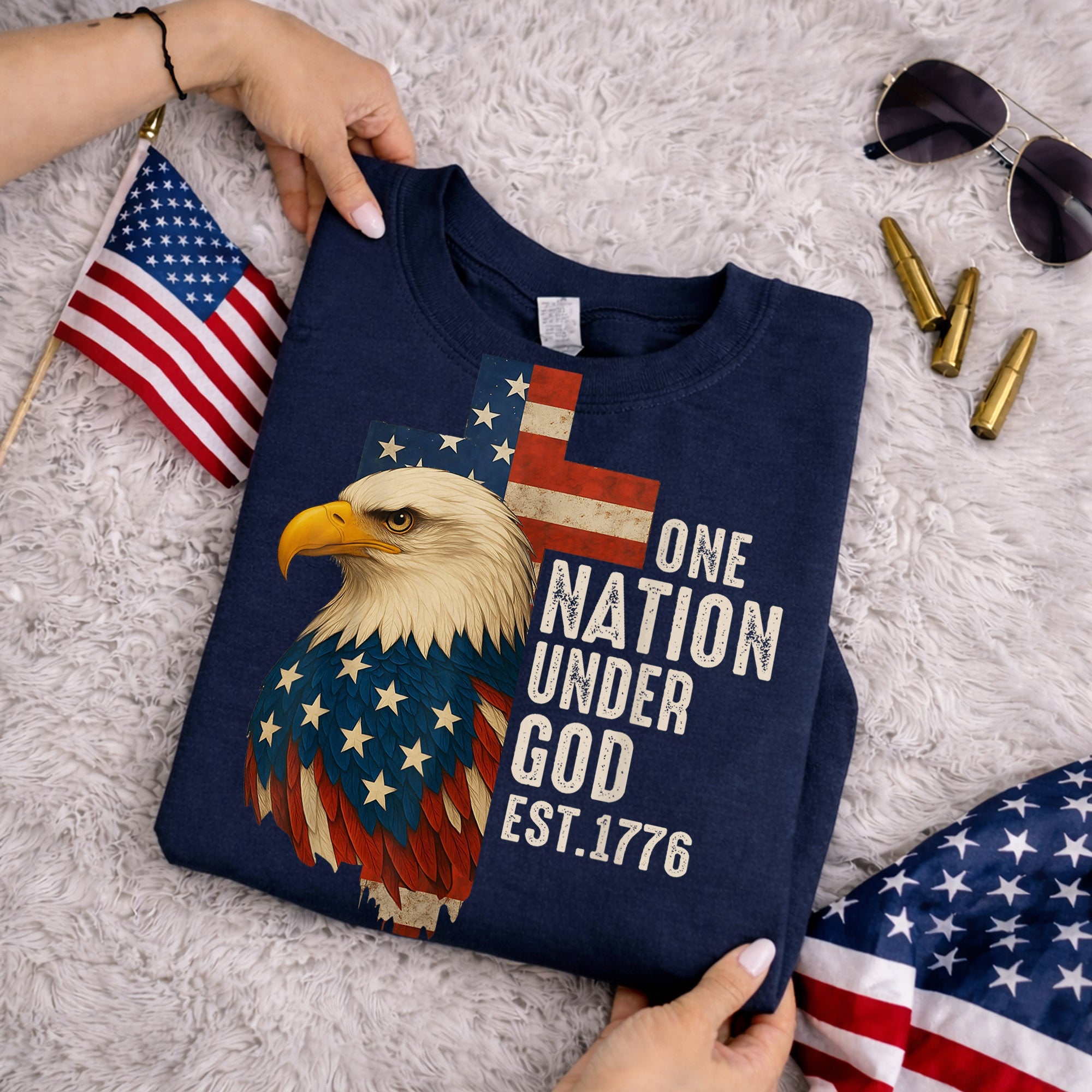 One Nation Under God Est 1776 – Faith & Freedom – Unisex Tshirt Gildan / Tshirt Comfort / V-neck/ Hoodie / Sweatshirt