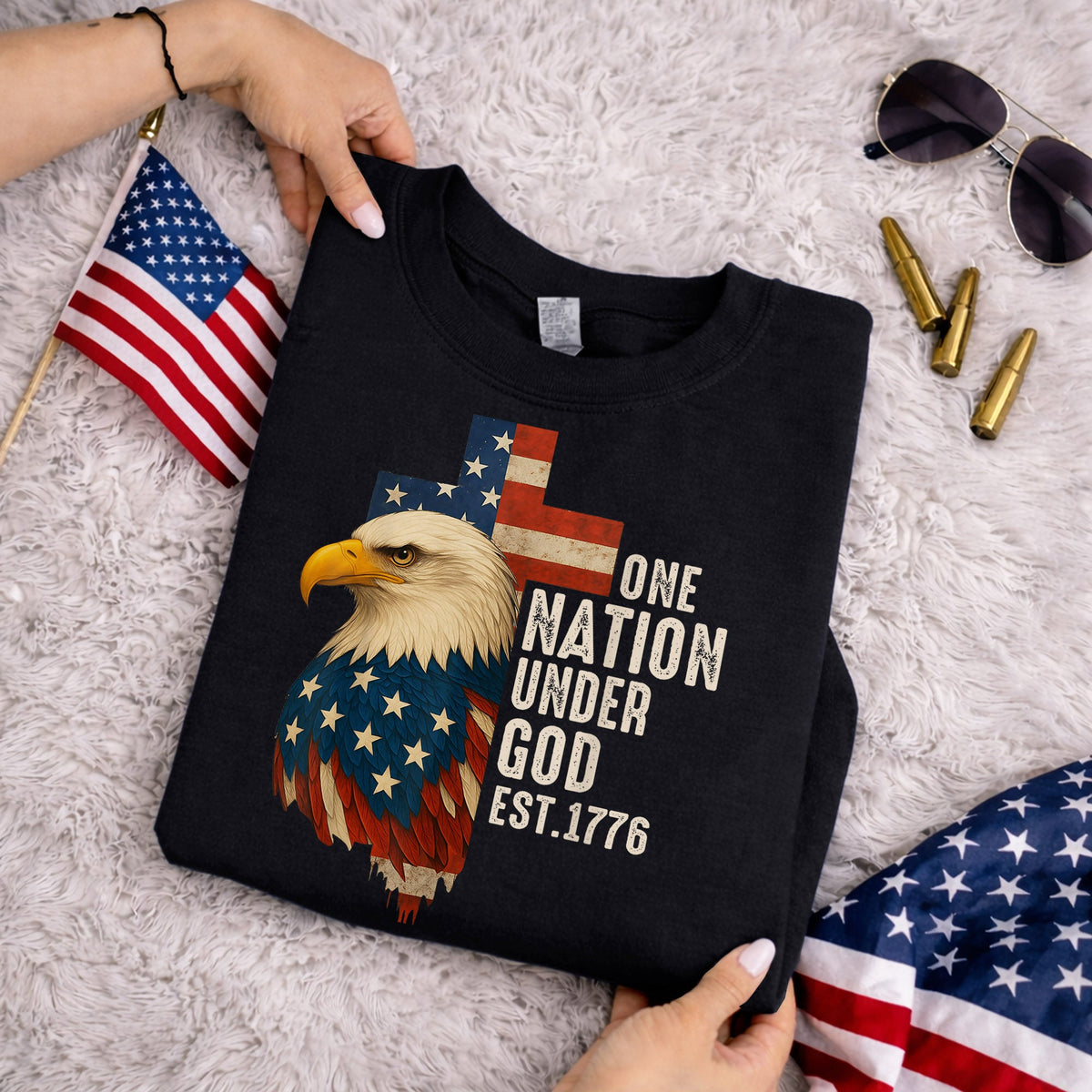 One Nation Under God Est 1776 – Faith & Freedom – Unisex Tshirt Gildan / Tshirt Comfort / V-neck/ Hoodie / Sweatshirt