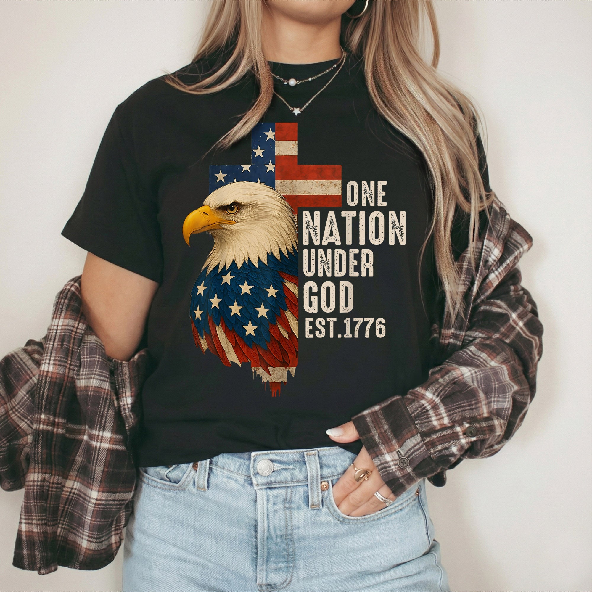 One Nation Under God Est 1776 – Faith & Freedom – Unisex Tshirt Gildan / Tshirt Comfort / V-neck/ Hoodie / Sweatshirt