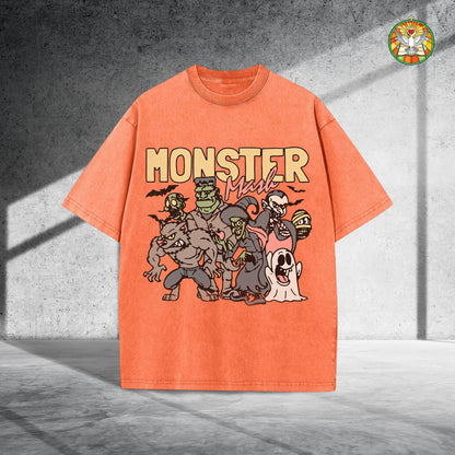 Monster Mash Vintage Washed 100% Cotton Halloween T-Shirt Classic Horror Characters Retro Tee