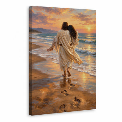 Jesus Carries Me On The Beach Christian Wall Art Poster/Canvas