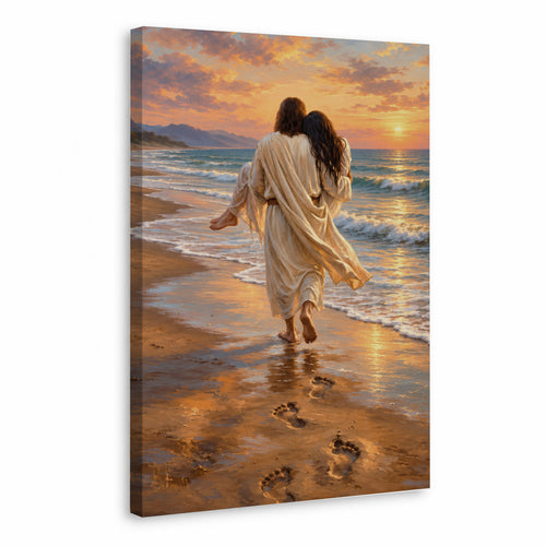 Jesus Carries Me On The Beach Christian Wall Art Poster/Canvas