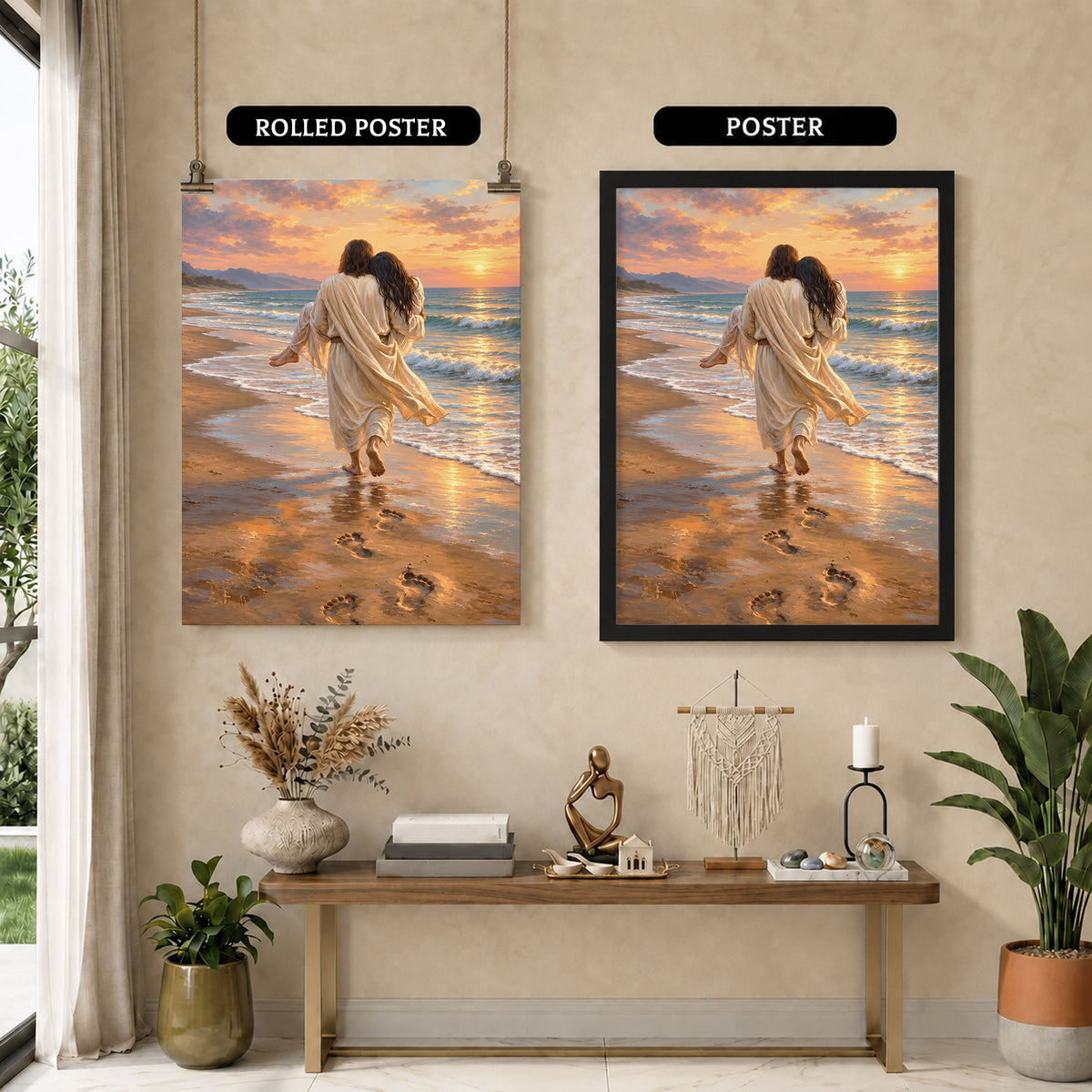 Jesus Carries Me On The Beach Christian Wall Art Poster/Canvas