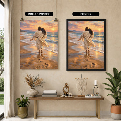 Jesus Carries Me On The Beach Christian Wall Art Poster/Canvas
