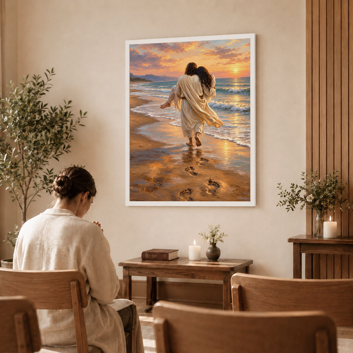 Jesus Carries Me On The Beach Christian Wall Art Poster/Canvas