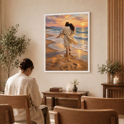 Jesus Carries Me On The Beach Christian Wall Art Poster/Canvas