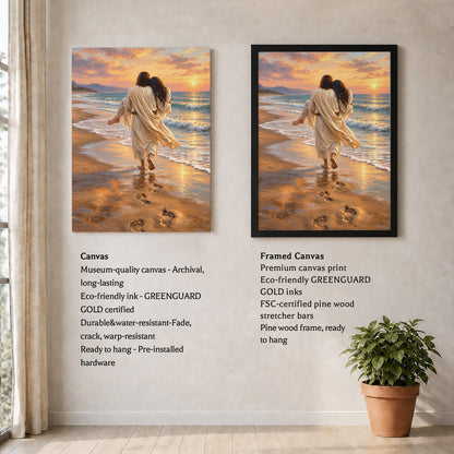 Jesus Carries Me On The Beach Christian Wall Art Poster/Canvas