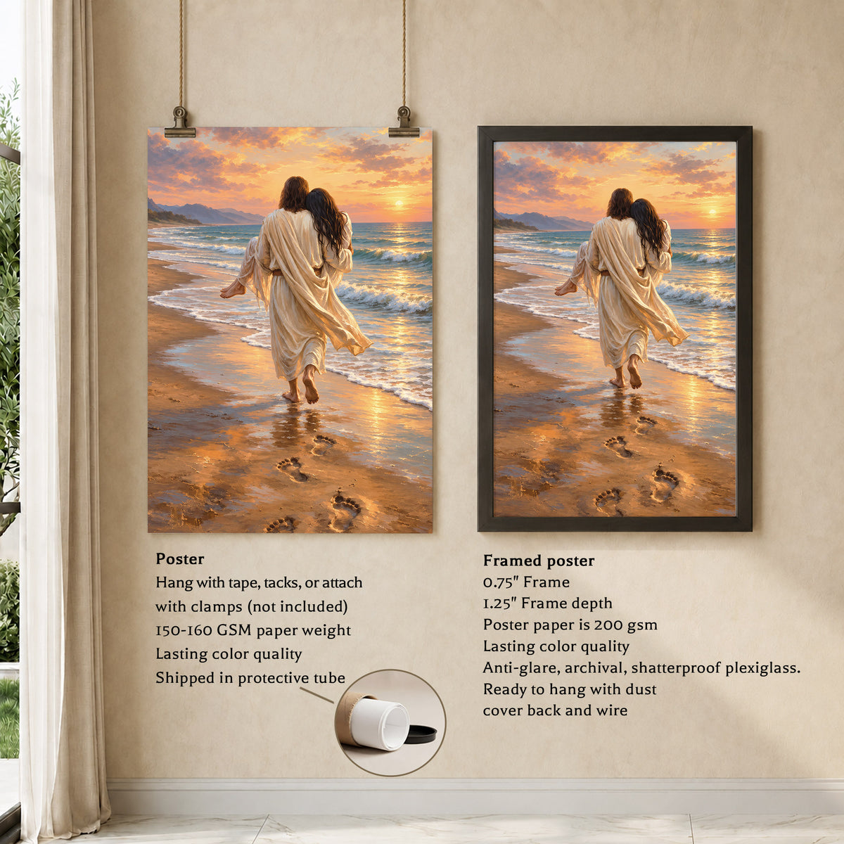 Jesus Carries Me On The Beach Christian Wall Art Poster/Canvas