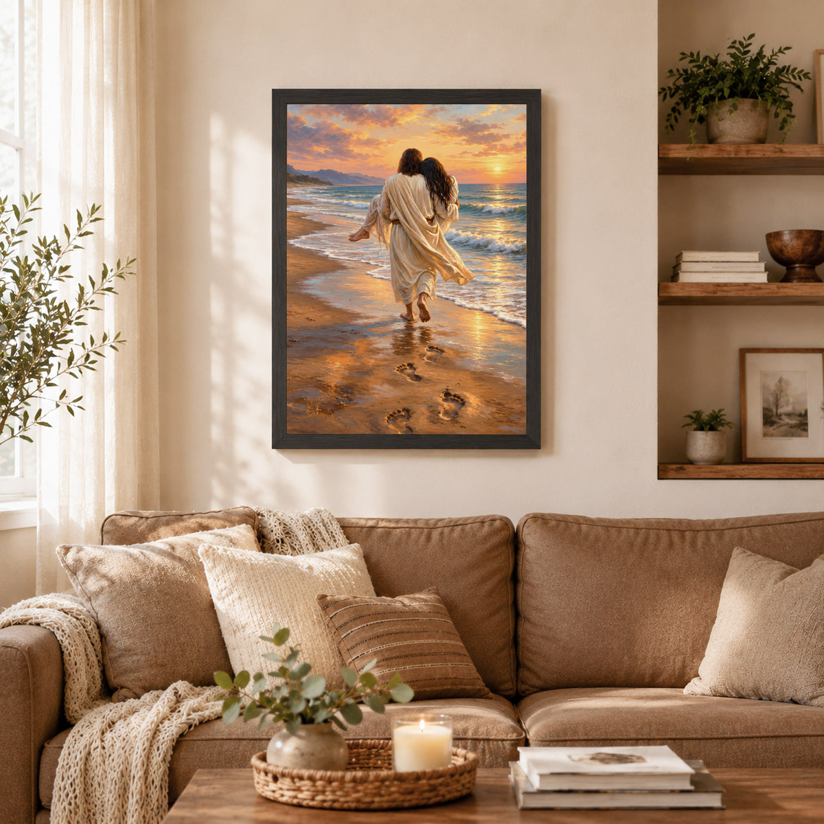 Jesus Carries Me On The Beach Christian Wall Art Poster/Canvas