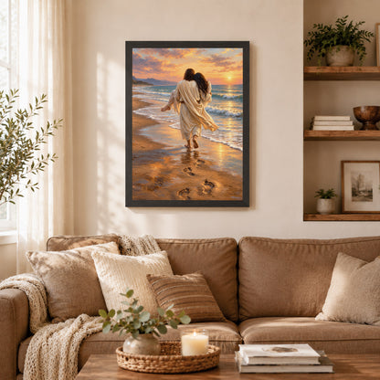 Jesus Carries Me On The Beach Christian Wall Art Poster/Canvas