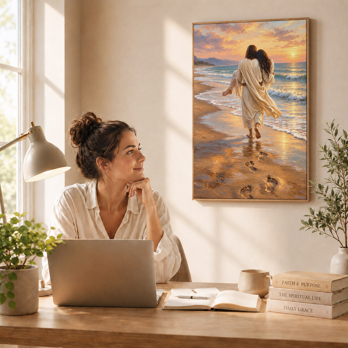 Jesus Carries Me On The Beach Christian Wall Art Poster/Canvas