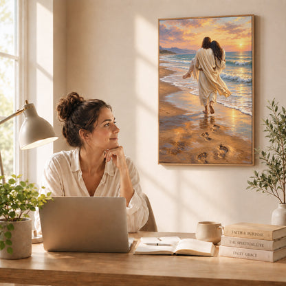 Jesus Carries Me On The Beach Christian Wall Art Poster/Canvas