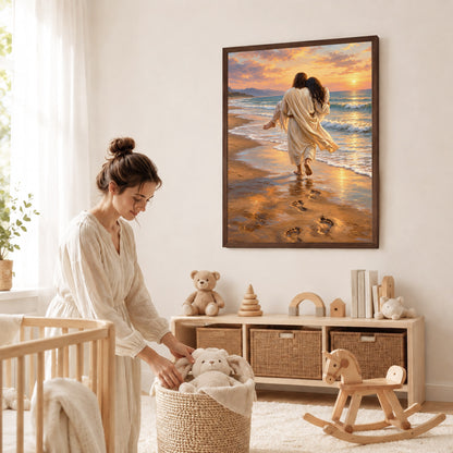 Jesus Carries Me On The Beach Christian Wall Art Poster/Canvas