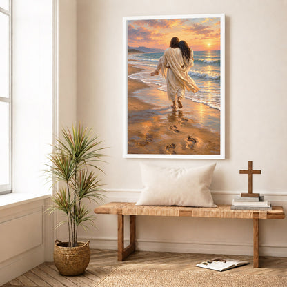 Jesus Carries Me On The Beach Christian Wall Art Poster/Canvas