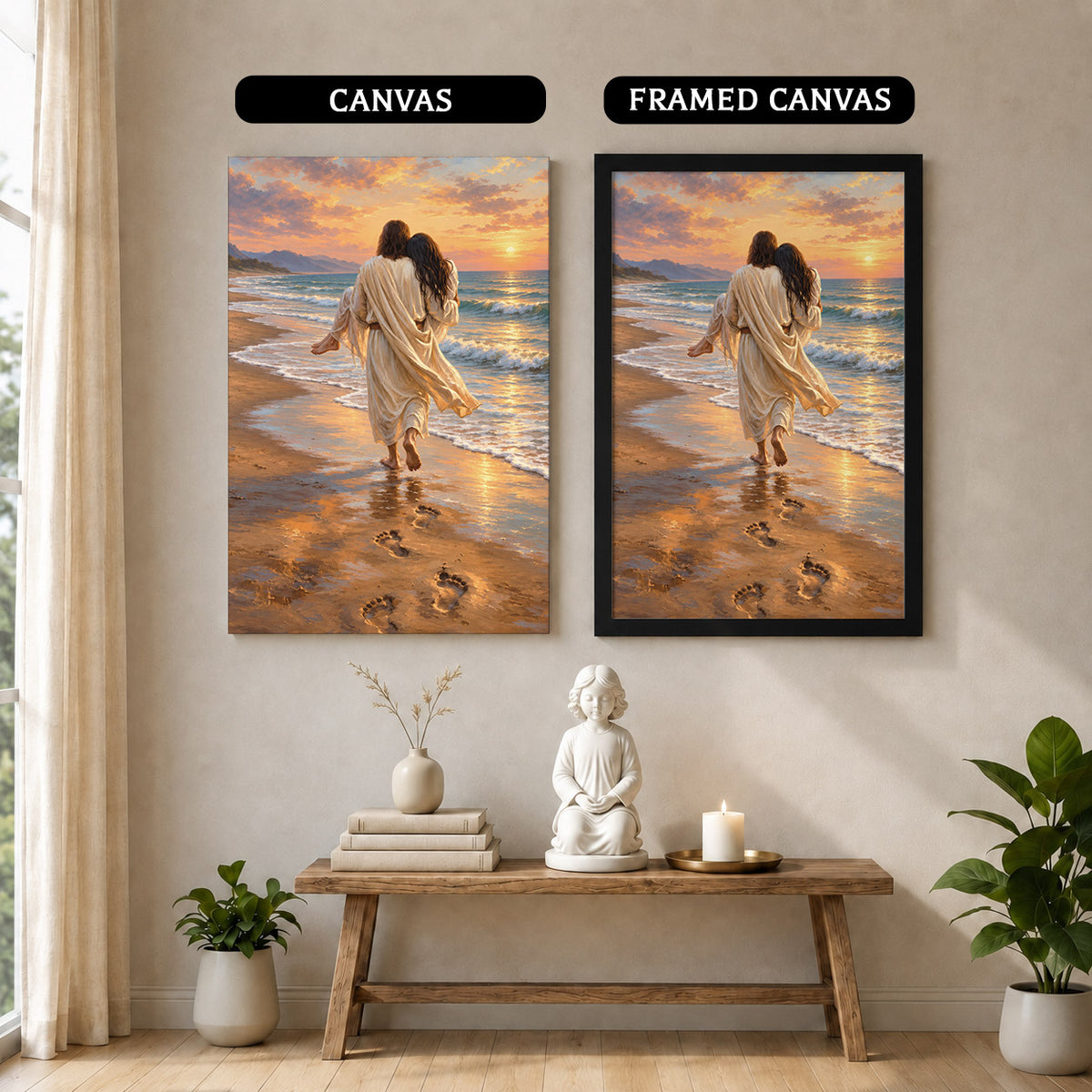 Jesus Carries Me On The Beach Christian Wall Art Poster/Canvas