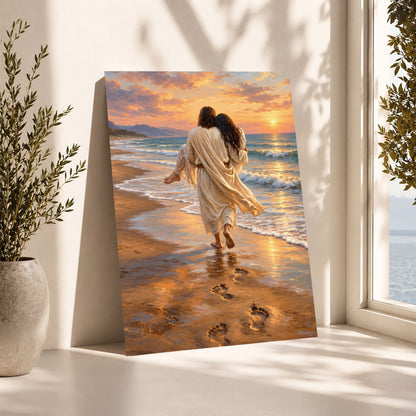 Jesus Carries Me On The Beach Christian Wall Art Poster/Canvas