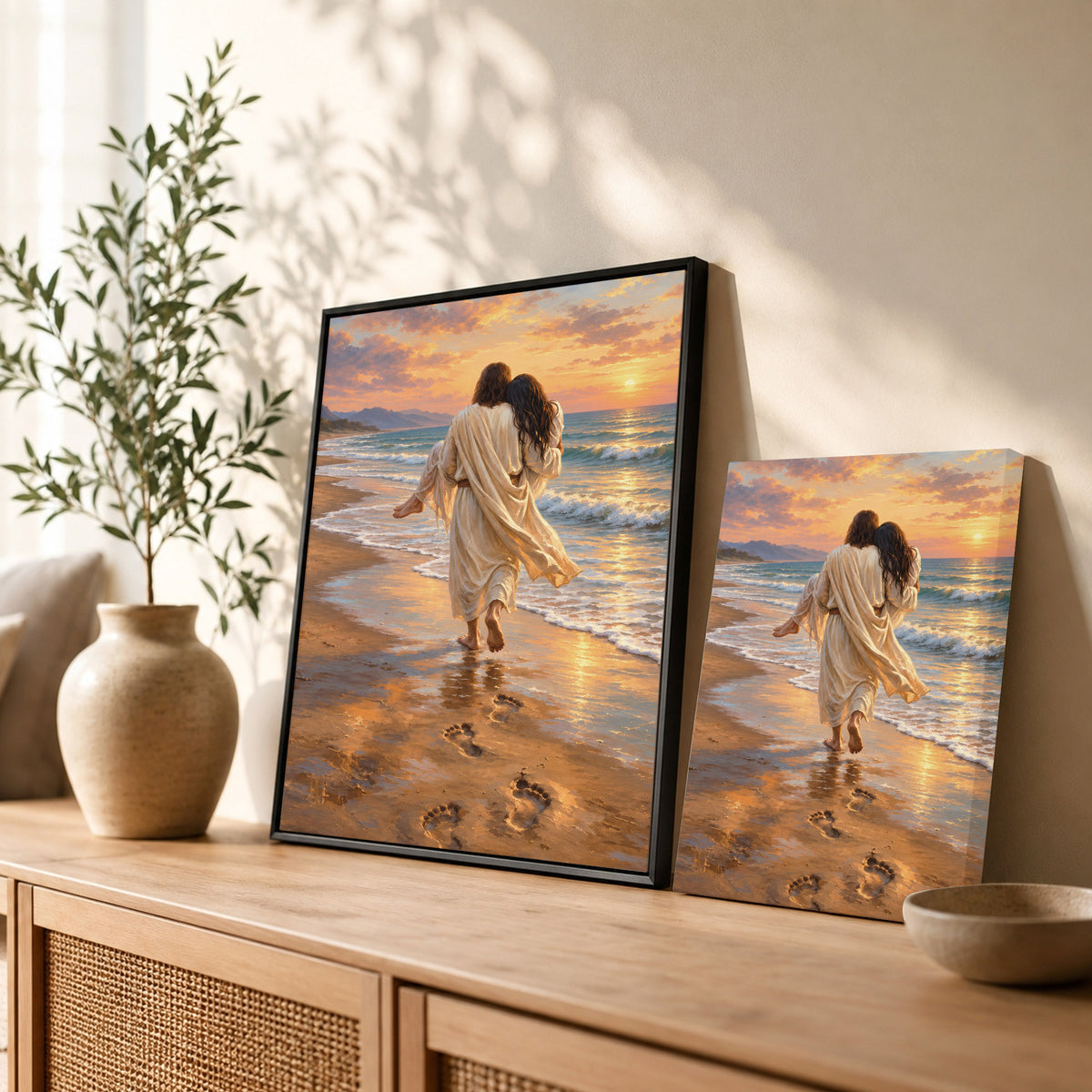 Jesus Carries Me On The Beach Christian Wall Art Poster/Canvas