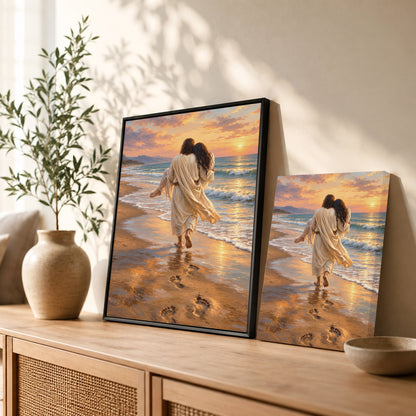 Jesus Carries Me On The Beach Christian Wall Art Poster/Canvas