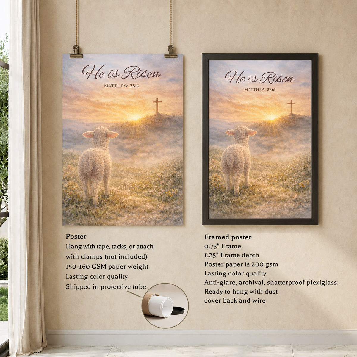 He Is Risen Matthew 28:6 Lamb Easter Christian Wall Art Poster/Canvas